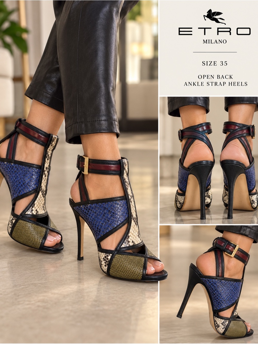 ETRO Milano Snakeskin Patchwork Ankle Strap Stiletto Heels Size 35 US 5